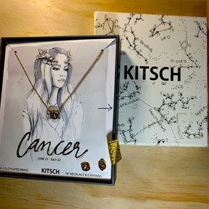 KITSCH ASTROLOGY CANCER NECKLACE & EARRINGS, 14 K Gold Plated Brass Jewelry Set